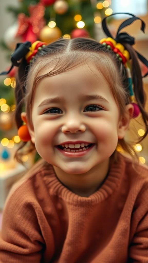 Festive Christmas Hairstyles for Black Kids A child with a braided crown hairstyle adorned with festive clips, surrounded by Christmas decorations.